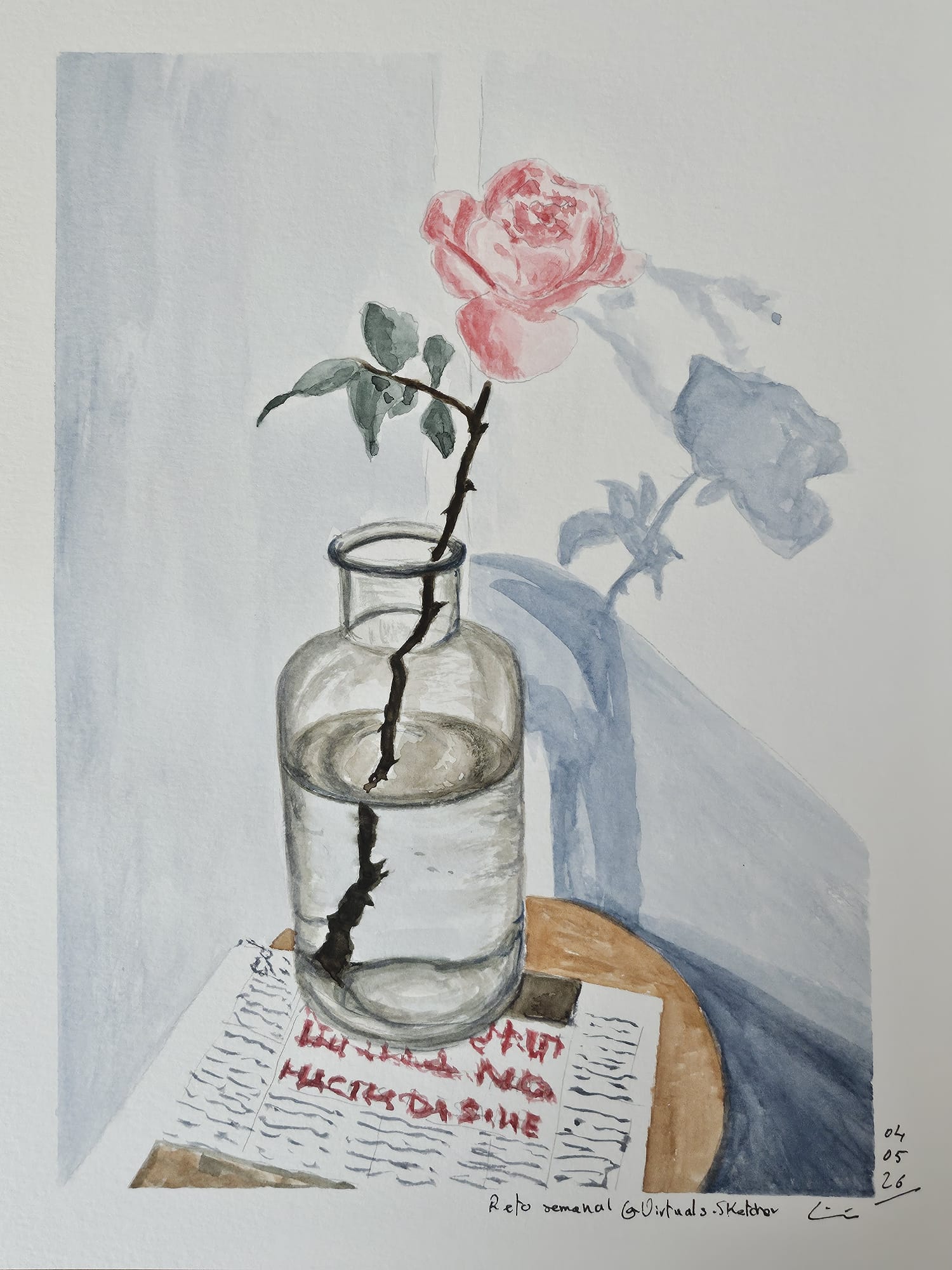 Rosa en el frasco, acuarela sobre lienzo de papel, 2026