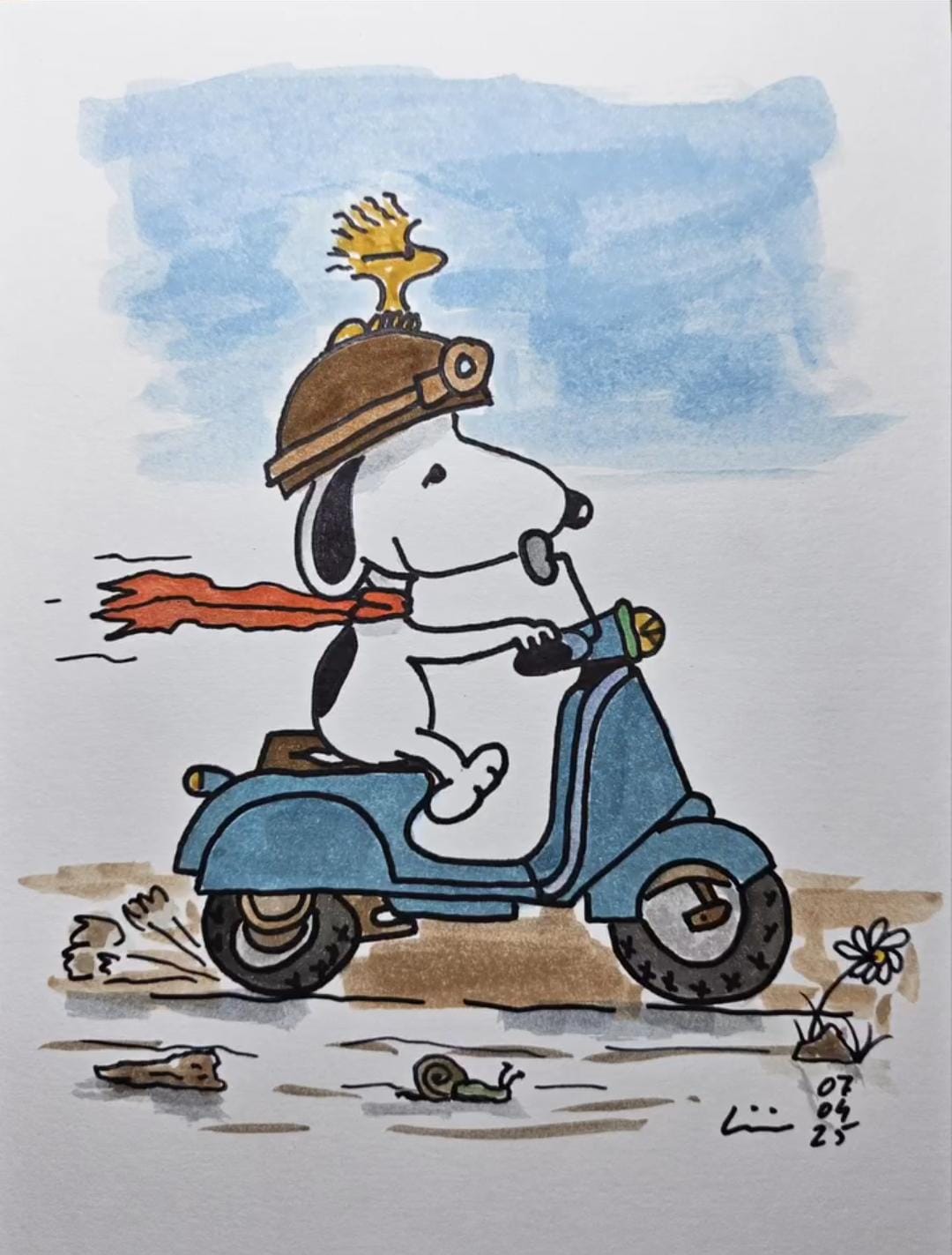 En vespa, acuarela y tinta sobre lienzo de papel, 2025