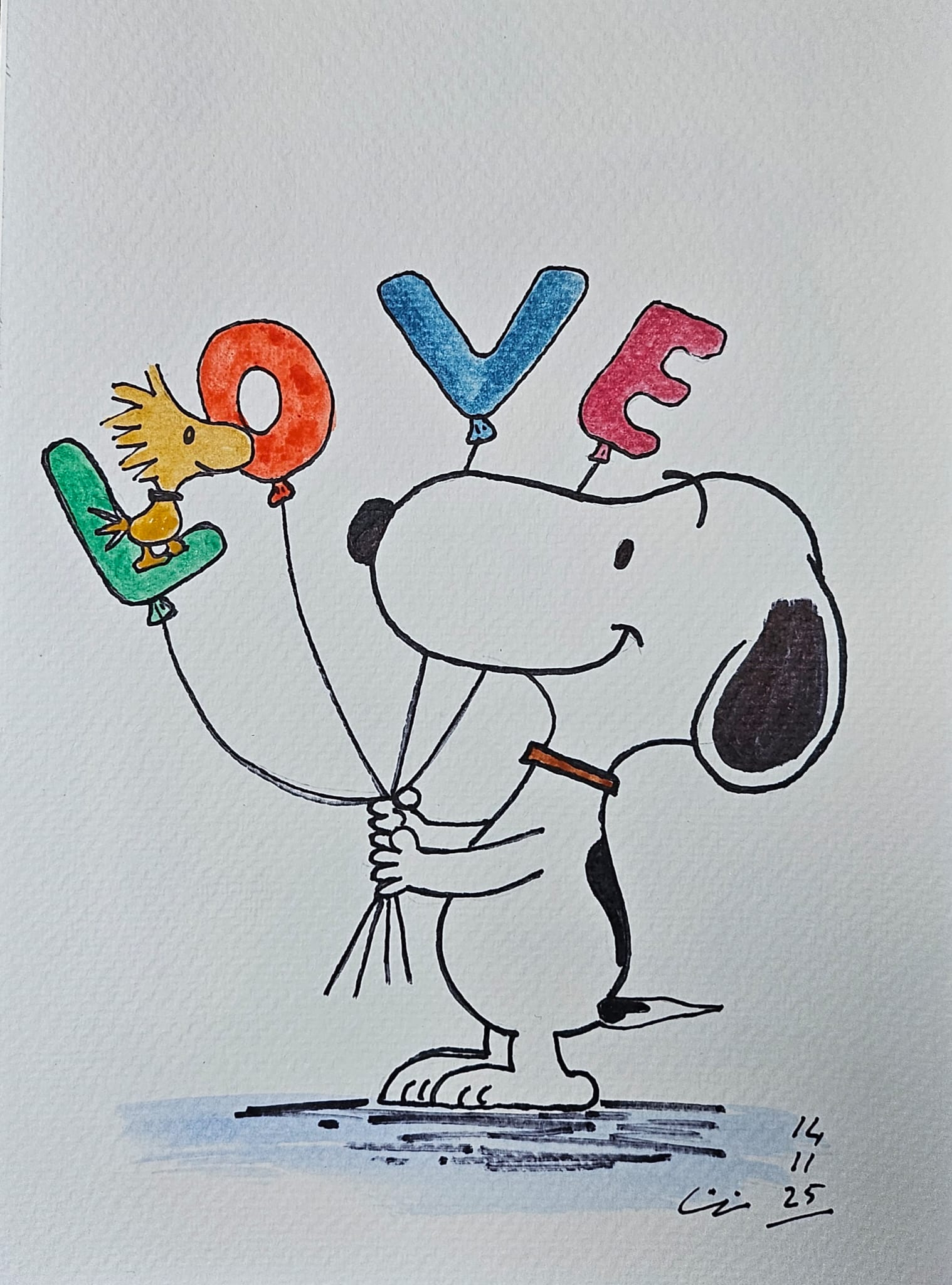 Love en globos, acuarela y tinta sobre lienzo de papel, 2025