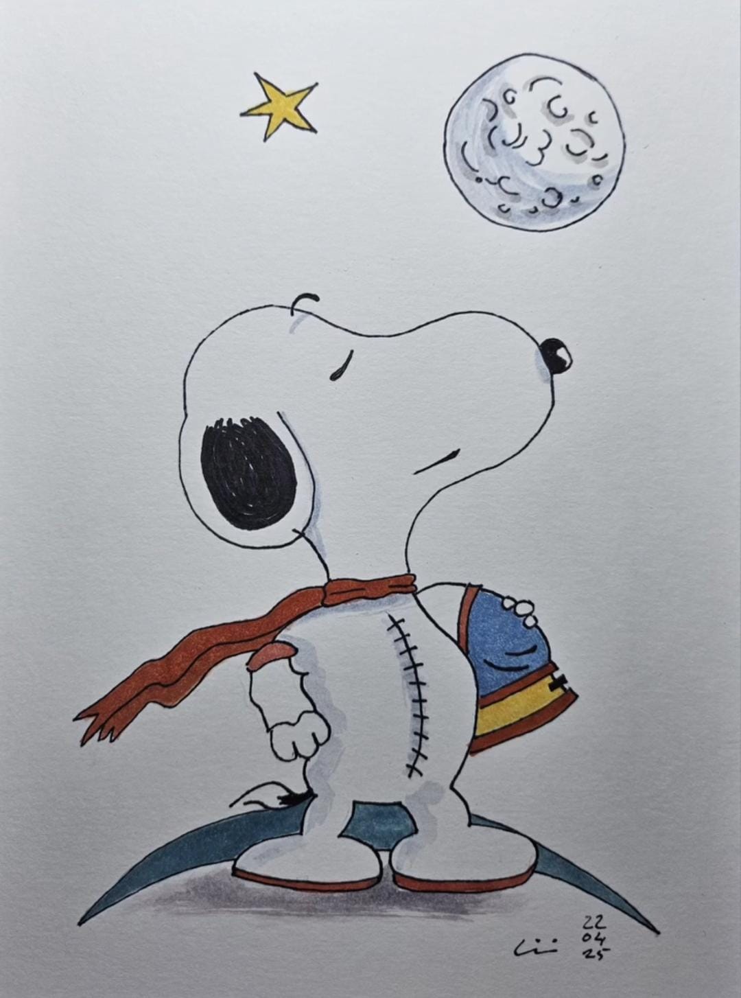 Luna y estrella, acuarela y tinta sobre lienzo de papel, 2025