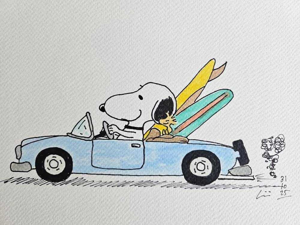 Rumbo a la playa, acuarela y tinta sobre lienzo de papel, 2025