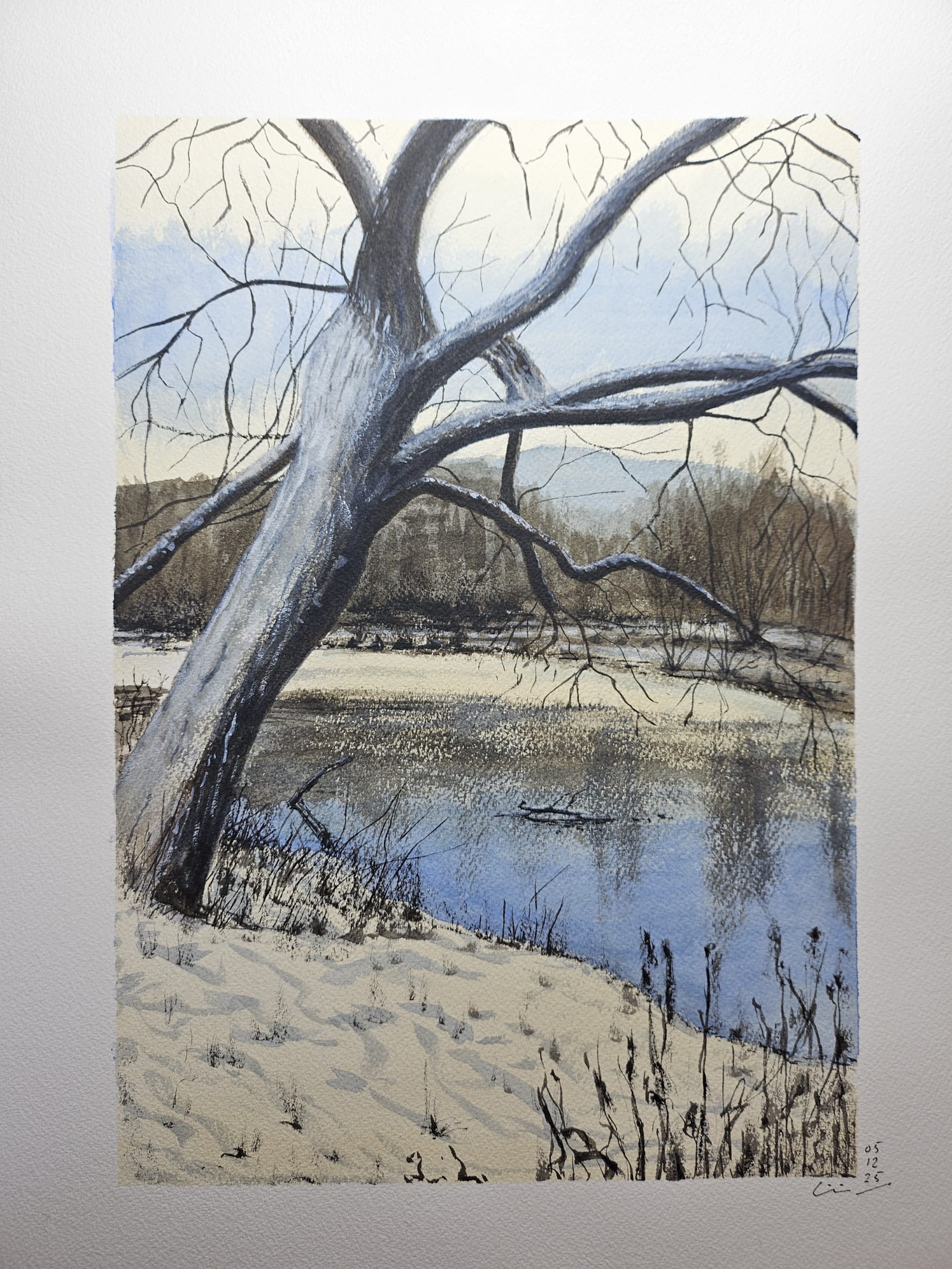 Invierno junto al río, acuarela sobre lienzo de papel, 2025